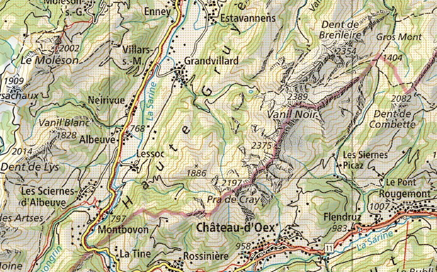 Landeskarte swisstopo mit dem Schutzperimeter von Parc naturel régional Gruyère Pays-d’Enhaut (Park von nationaler Bedeutung)