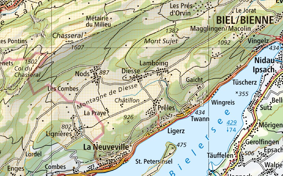 swisstopo national map showing the protected perimeter of Parc régional Chasseral (Park of national importance)
