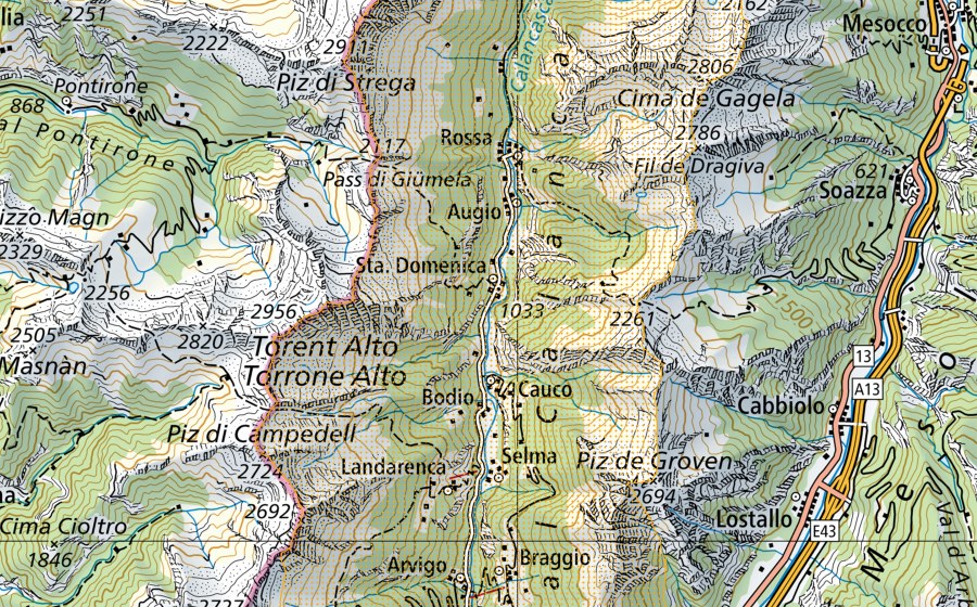 Landeskarte swisstopo mit dem Schutzperimeter von Parco Val Calanca (Park von nationaler Bedeutung)