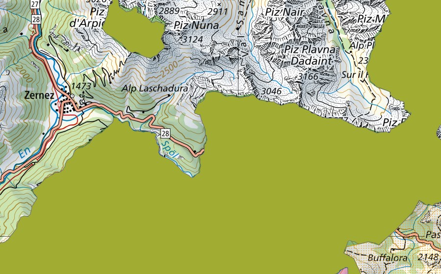 Carte nationale swisstopo avec le périmètre protégé de Schweizerischer Nationalpark (Parc d’importance nationale)