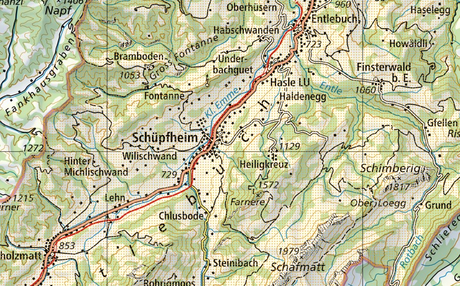 swisstopo national map showing the protected perimeter of UNESCO Biosphäre Entlebuch (Park of national importance)