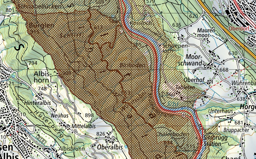 swisstopo national map showing the protected perimeter of Wildnispark Zürich Sihlwald (Park of national importance)