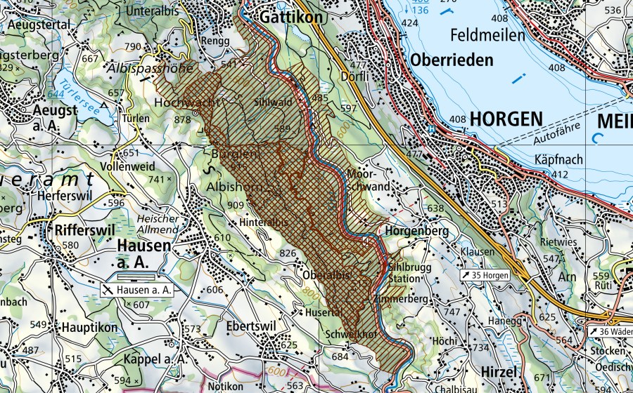 swisstopo national map showing the protected perimeter of Wildnispark Zürich Sihlwald (Park of national importance)
