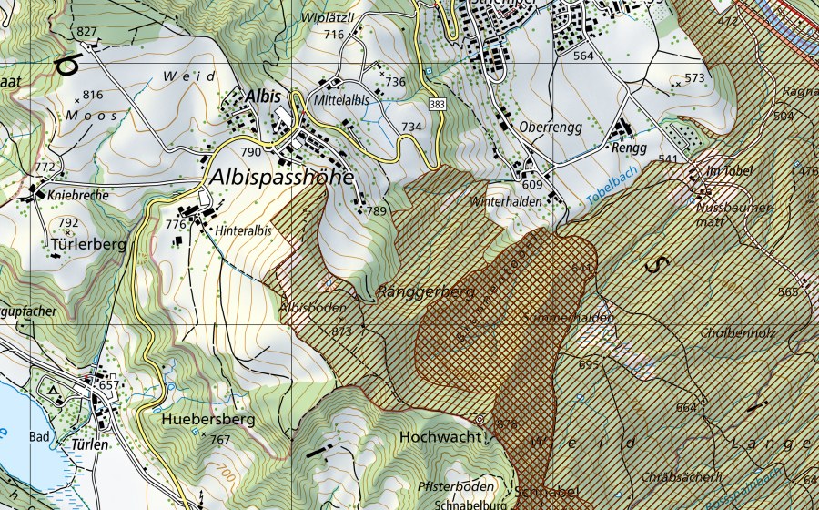 Landeskarte swisstopo mit dem Schutzperimeter von Wildnispark Zürich Sihlwald (Park von nationaler Bedeutung)