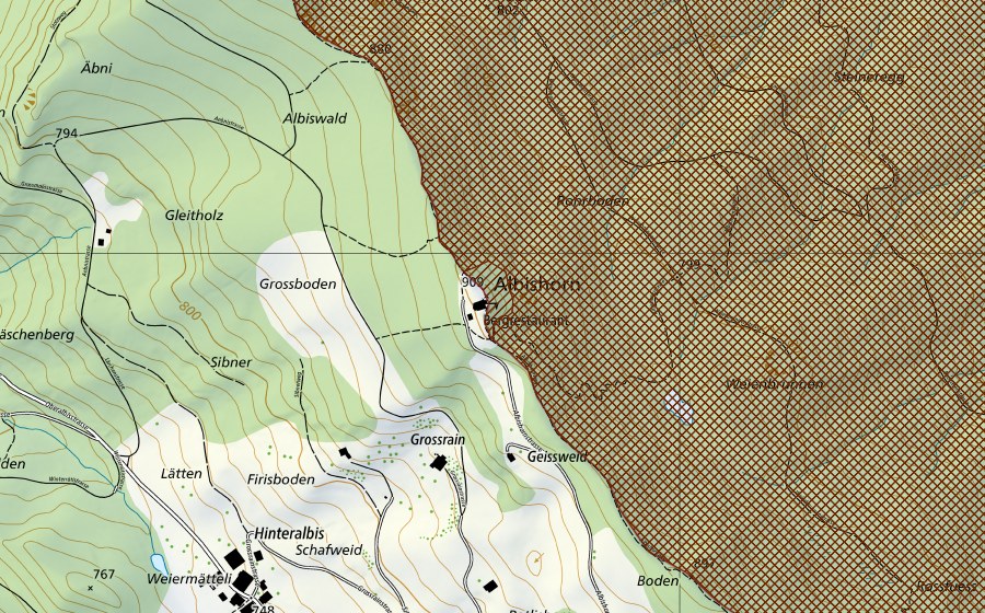 swisstopo national map showing the protected perimeter of Wildnispark Zürich Sihlwald (Park of national importance)