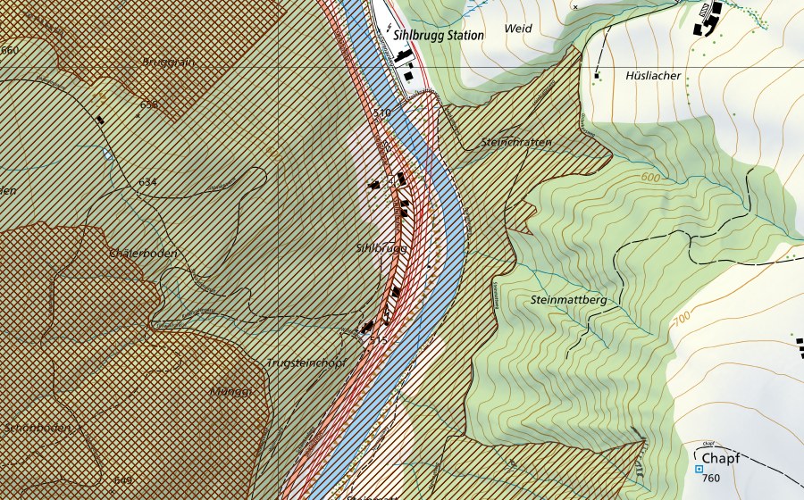 swisstopo national map showing the protected perimeter of Wildnispark Zürich Sihlwald (Park of national importance)