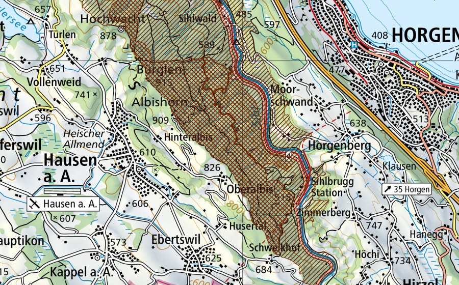 Landeskarte swisstopo mit dem Schutzperimeter von Wildnispark Zürich Sihlwald (Park von nationaler Bedeutung)