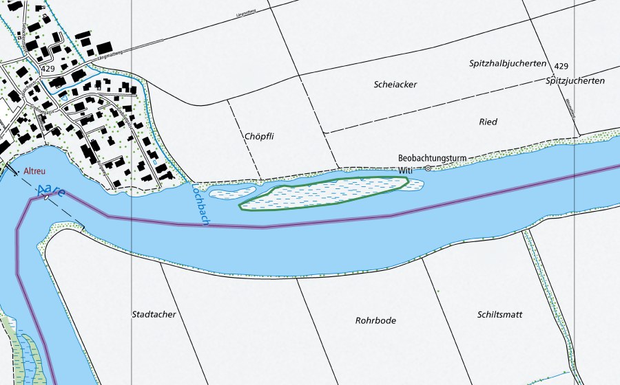 Carte nationale swisstopo avec le périmètre protégé de Aareinsel bei Altreu (Réserve naturelle)