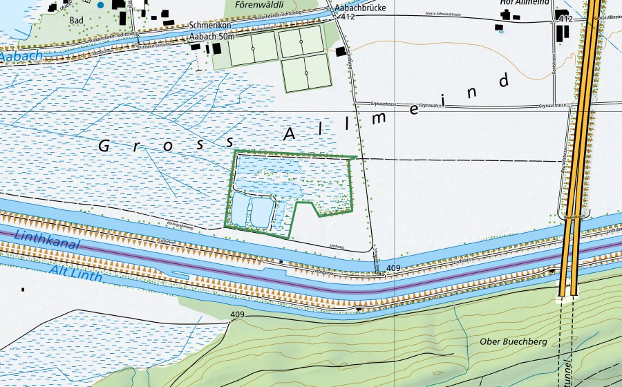 Landeskarte swisstopo mit dem Schutzperimeter von Absetzbecken Allmeind (Naturschutzgebiet)