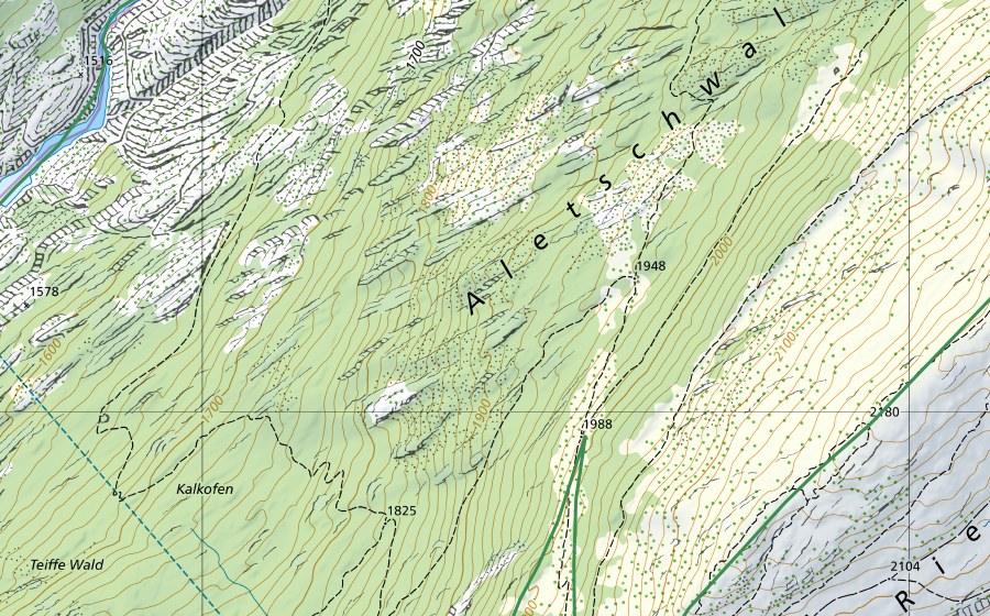swisstopo national map showing the protected perimeter of Aletsch (Nature reserve)
