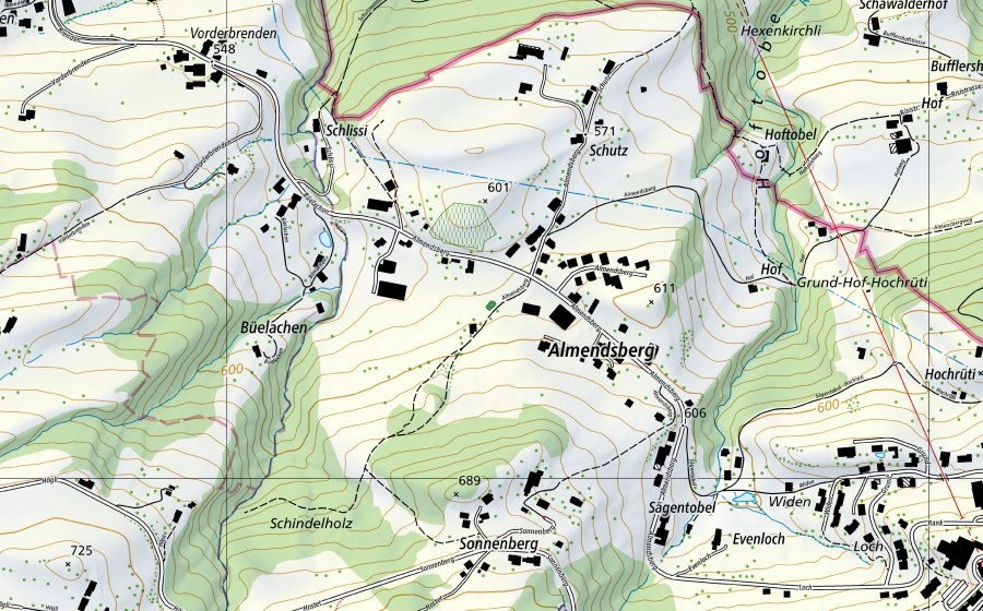 Landeskarte swisstopo mit dem Schutzperimeter von Allmendsberg (Naturschutzgebiet)