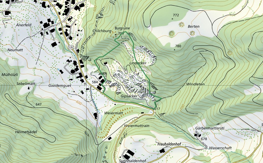 swisstopo national map showing the protected perimeter of Alte Gipsgrube (Nature reserve)