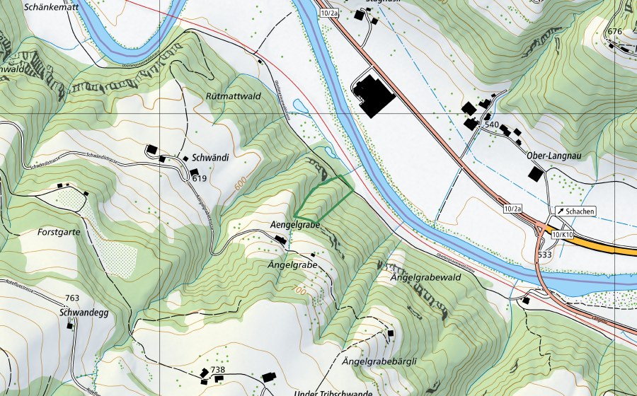 Carte nationale swisstopo avec le périmètre protégé de Ängelgrabewald (Réserve naturelle)