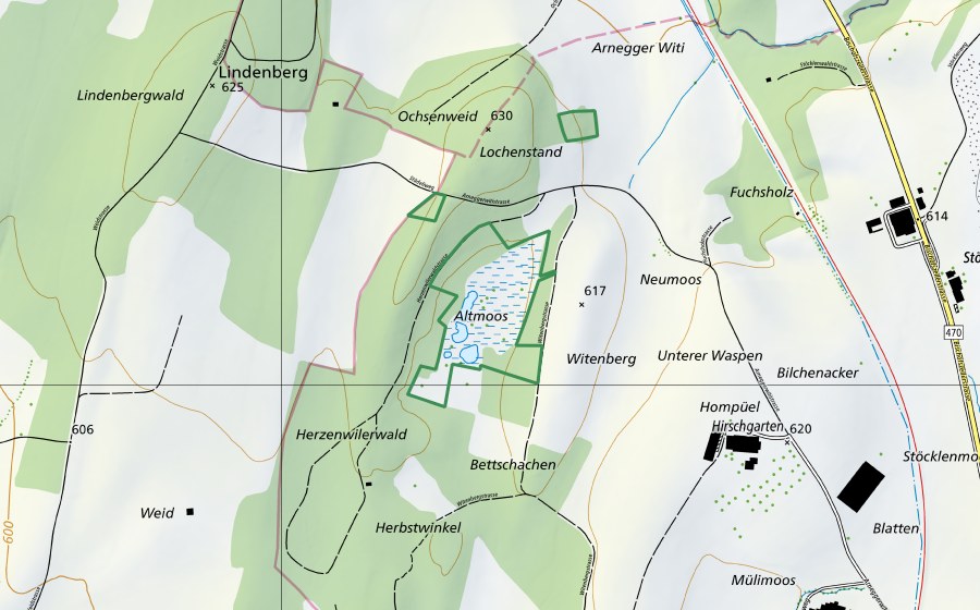 Carte nationale swisstopo avec le périmètre protégé de Arnegger Witi (Réserve naturelle)