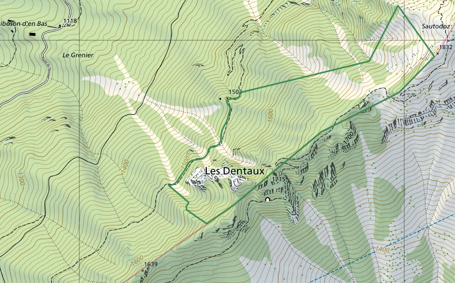 swisstopo national map showing the protected perimeter of Au Sautodoz (Nature reserve)