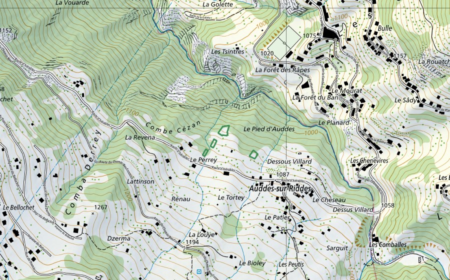 swisstopo national map showing the protected perimeter of Auddes-sur-Riddes (Nature reserve)