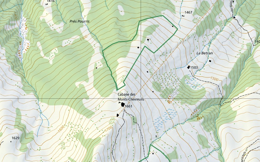 swisstopo national map showing the protected perimeter of Aux Monts Chevreuils (Nature reserve)