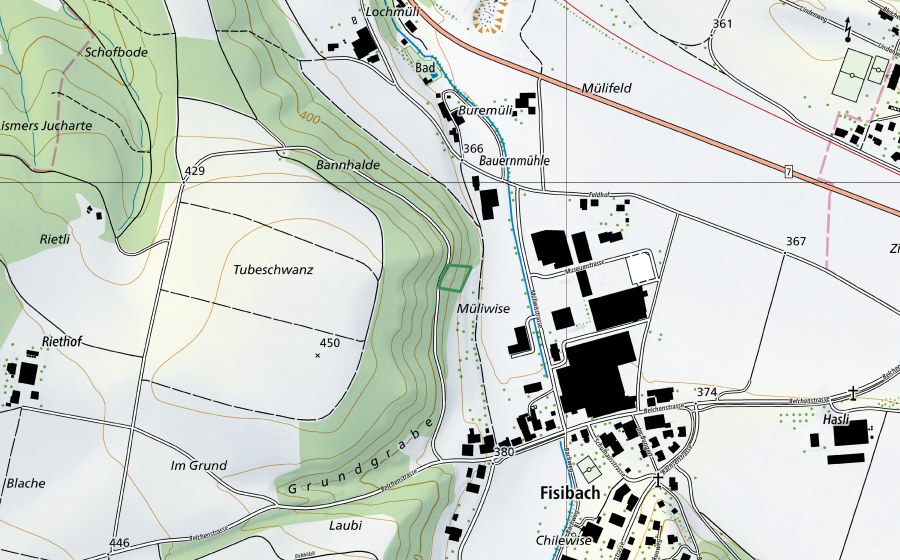 Carte nationale swisstopo avec le périmètre protégé de Bannhalde (Réserve naturelle)