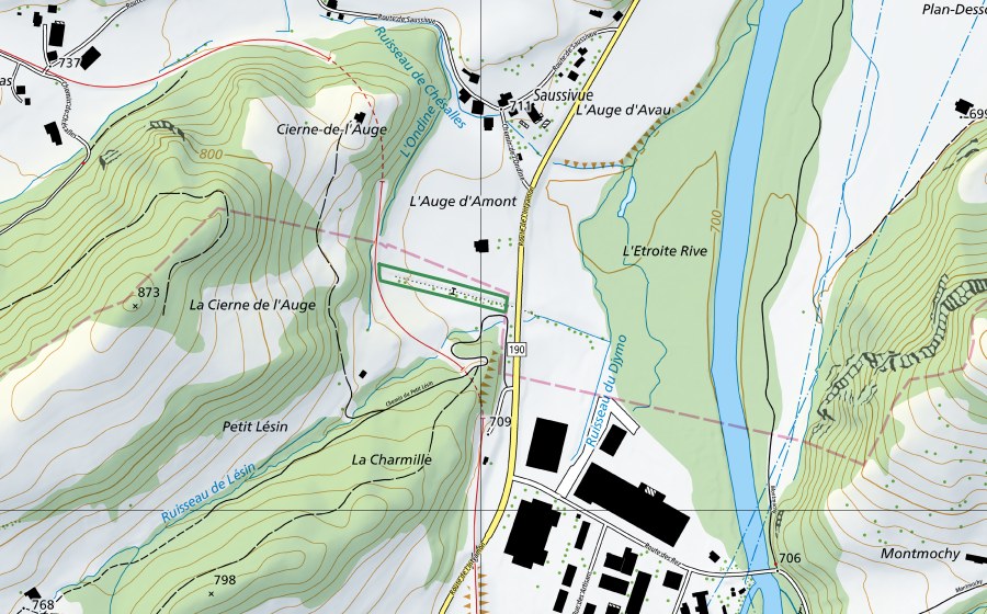 swisstopo national map showing the protected perimeter of Barrage antichar Bas-Intyamon (Nature reserve)