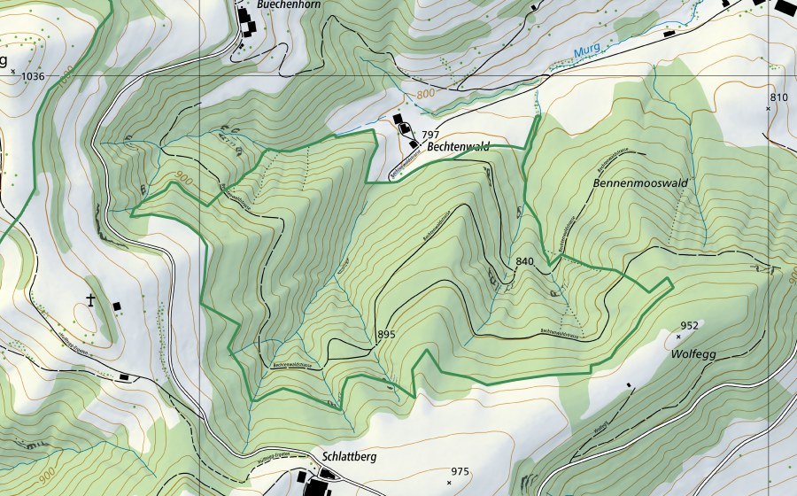 Carte nationale swisstopo avec le périmètre protégé de Bechtenwald Mosnang (Réserve naturelle)