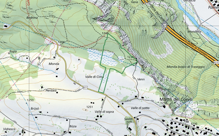 swisstopo national map showing the protected perimeter of Bedrina (Nature reserve)