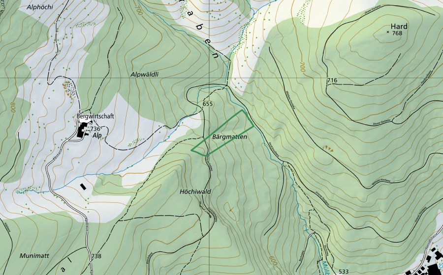 Carte nationale swisstopo avec le périmètre protégé de Bergmatten (Réserve naturelle)