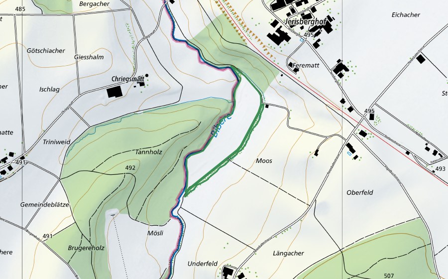 swisstopo national map showing the protected perimeter of Biberaue Ferenbalm (Nature reserve)