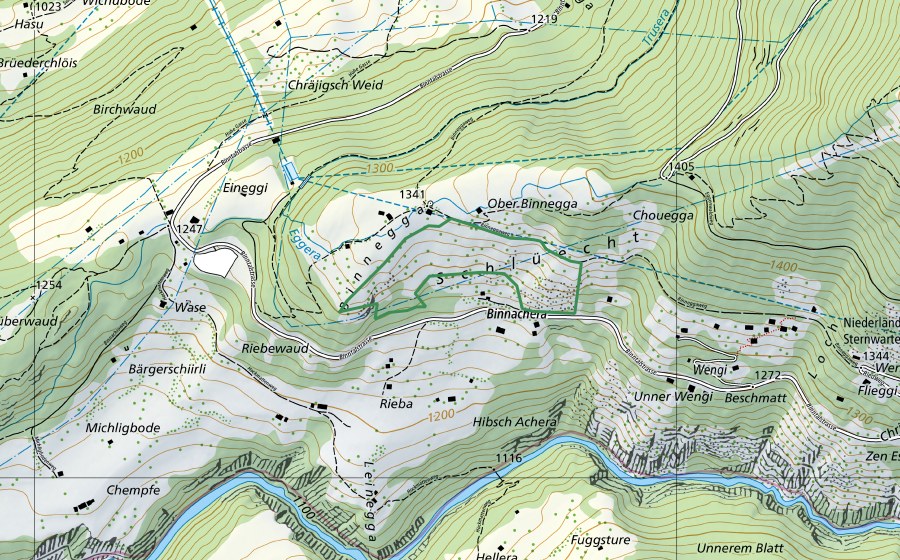 Carte nationale swisstopo avec le périmètre protégé de Binnegga (Réserve naturelle)