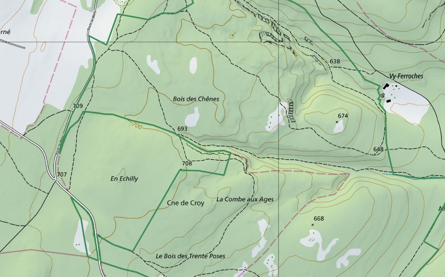 Carte nationale swisstopo avec le périmètre protégé de Bois de Chênes - Echilly (Réserve naturelle)