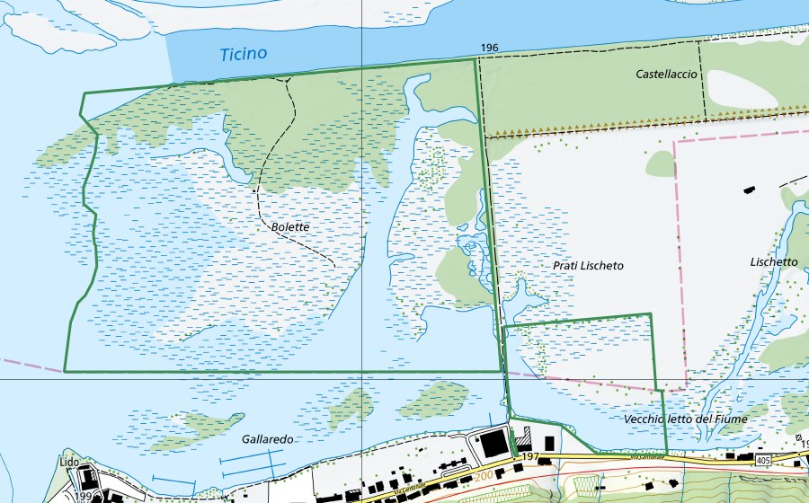 Landeskarte swisstopo mit dem Schutzperimeter von Bolle di Magadino (Naturschutzgebiet)