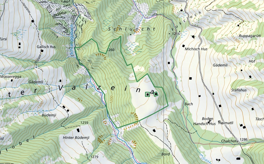 Landeskarte swisstopo mit dem Schutzperimeter von Bord-Schluocht (Naturschutzgebiet)