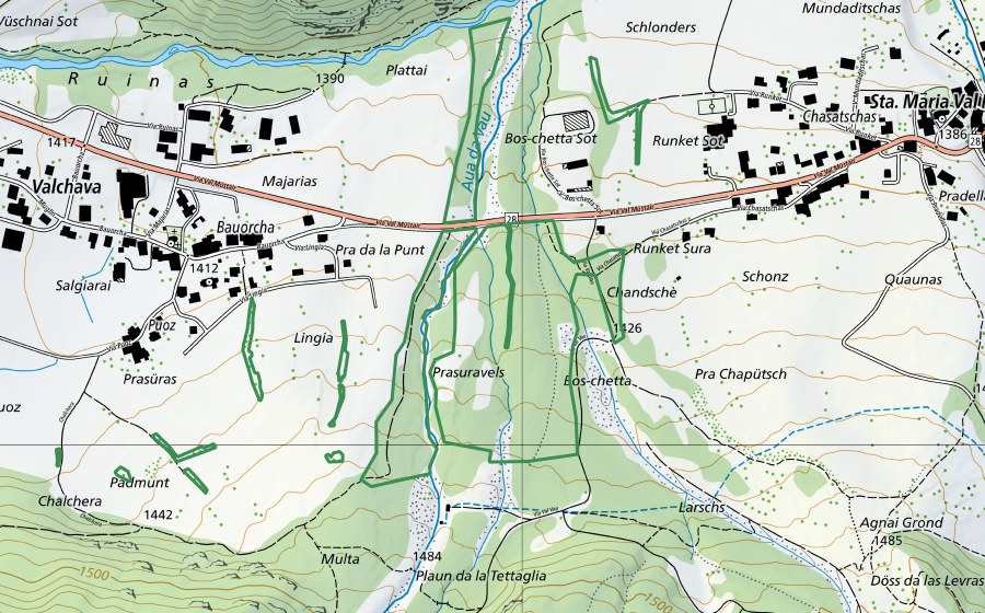 swisstopo national map showing the protected perimeter of Bos-chetta & Hecke Mundaditschas (Nature reserve)