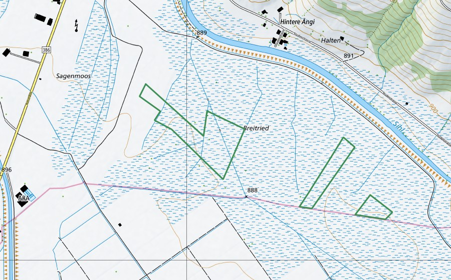 Landeskarte swisstopo mit dem Schutzperimeter von Breitried (Naturschutzgebiet)