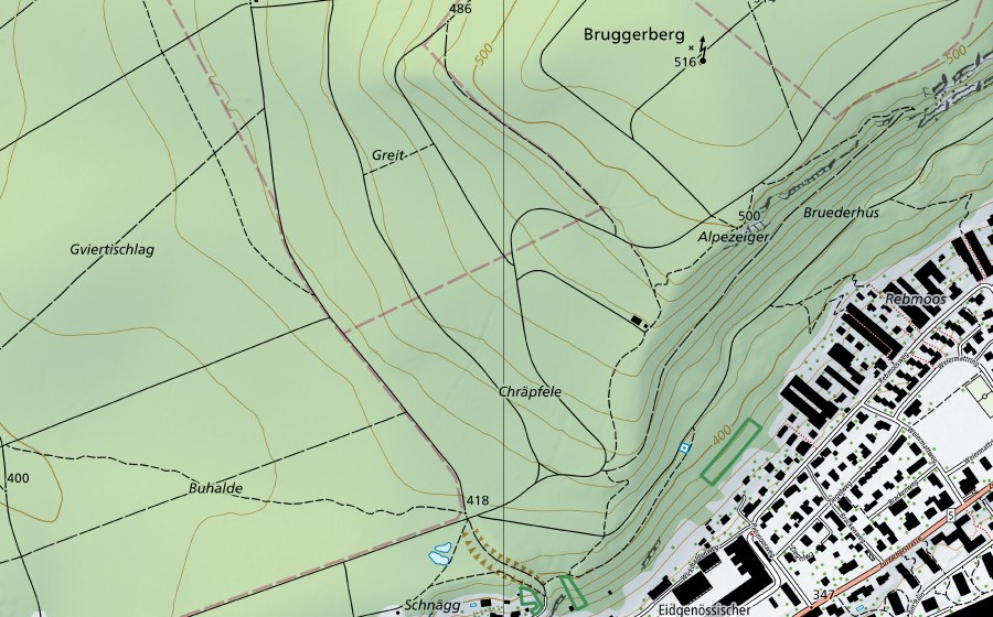 Carte nationale swisstopo avec le périmètre protégé de Bruggerberg (Réserve naturelle)