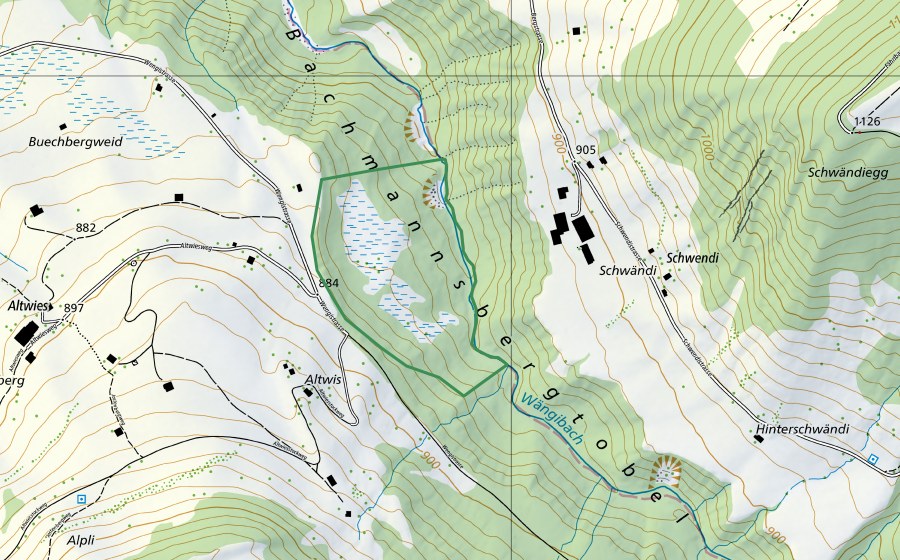 Carte nationale swisstopo avec le périmètre protégé de Buechbergweid (Réserve naturelle)