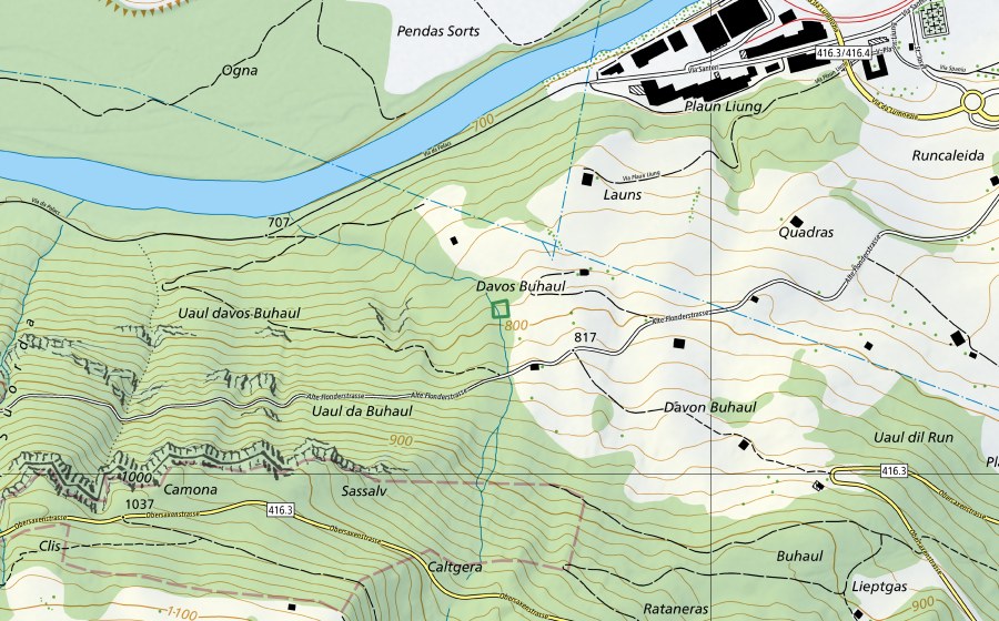 swisstopo national map showing the protected perimeter of Buhaul (Nature reserve)
