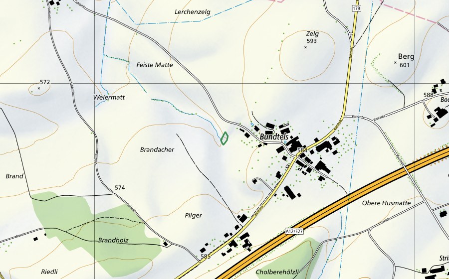 Landeskarte swisstopo mit dem Schutzperimeter von Bundtels (Naturschutzgebiet)