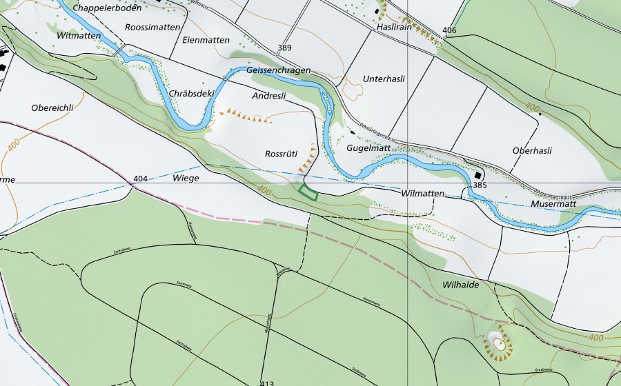 Carte nationale swisstopo avec le périmètre protégé de Bünzaue Wald (Réserve naturelle)