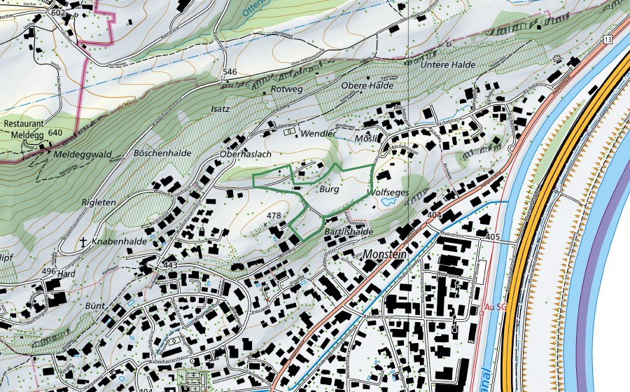 Carte nationale swisstopo avec le périmètre protégé de Burghügel (Réserve naturelle)