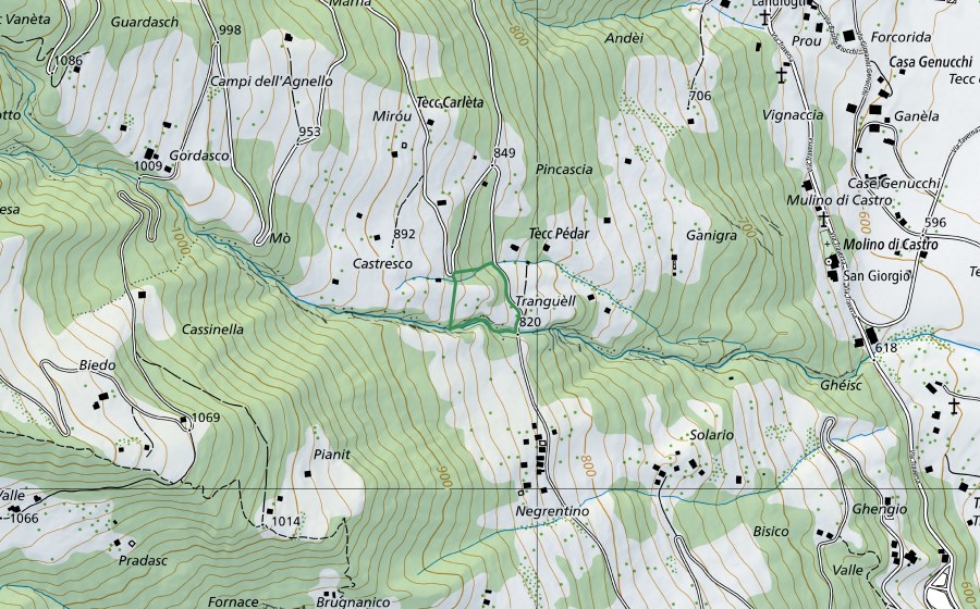 swisstopo national map showing the protected perimeter of Castro (Nature reserve)