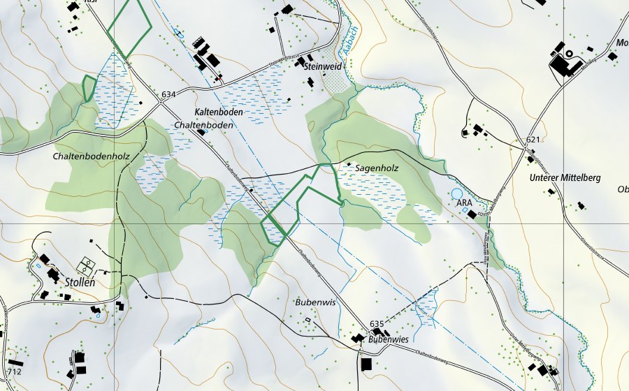 Landeskarte swisstopo mit dem Schutzperimeter von Chaltenbodenriede (Naturschutzgebiet)