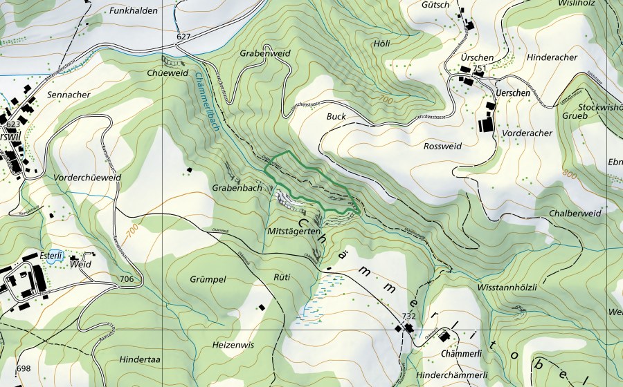 Landeskarte swisstopo mit dem Schutzperimeter von Chämmerlitobel (Naturschutzgebiet)