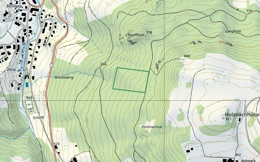 Carte nationale swisstopo avec le périmètre protégé de Chapfflüeli (Réserve naturelle)