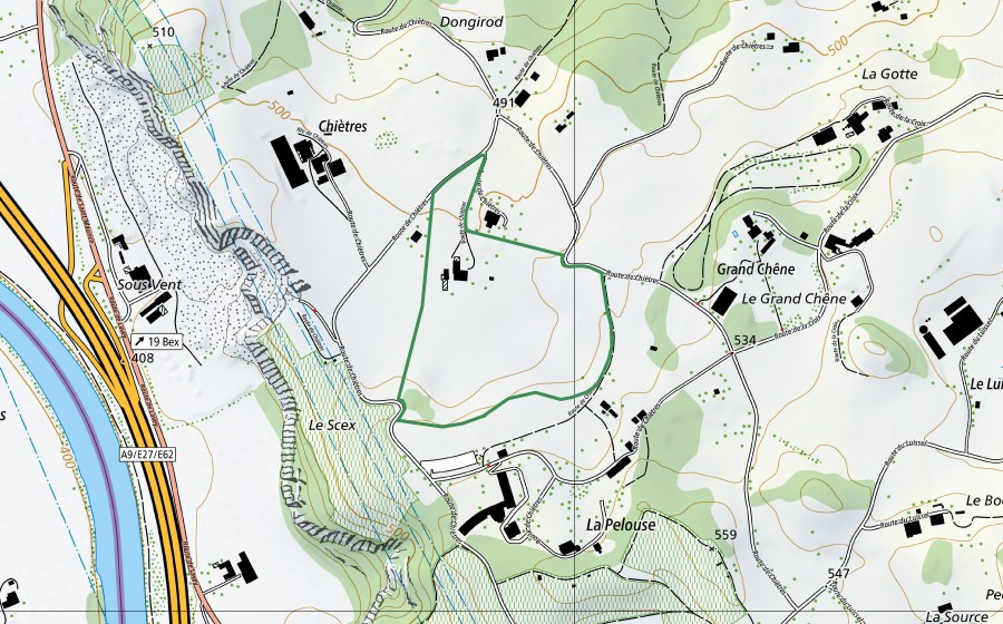 Landeskarte swisstopo mit dem Schutzperimeter von Chiètre (Naturschutzgebiet)
