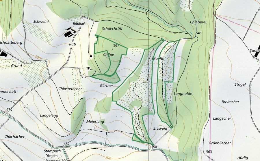 Carte nationale swisstopo avec le périmètre protégé de Chilpen (Réserve naturelle)