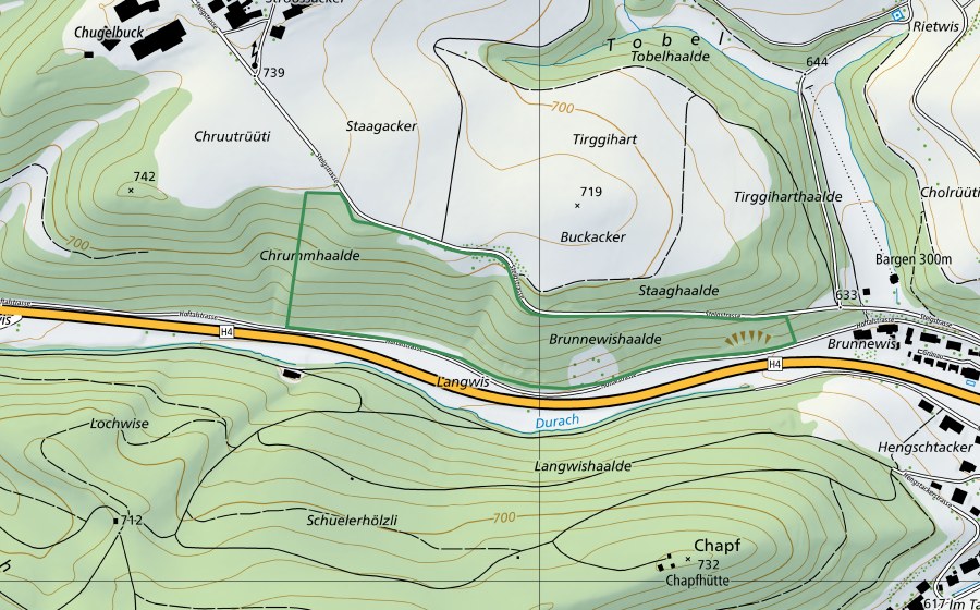 Carta nazionale swisstopo con il perimetro protetto di ​Chrummhaalde (Riserva naturale)