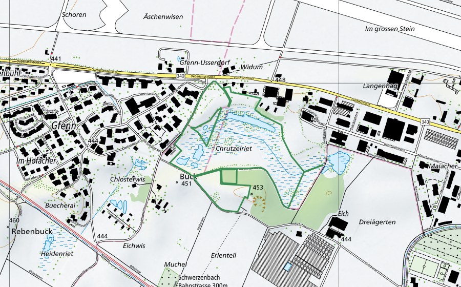Landeskarte swisstopo mit dem Schutzperimeter von Chrutzelried (Naturschutzgebiet)