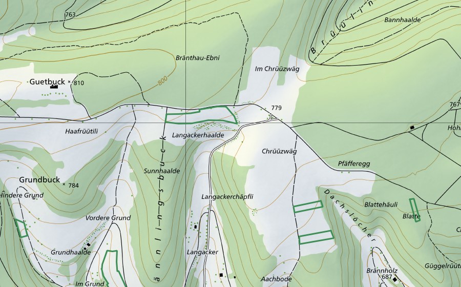 Carte nationale swisstopo avec le périmètre protégé de ​Chrüüzwäg (Réserve naturelle)