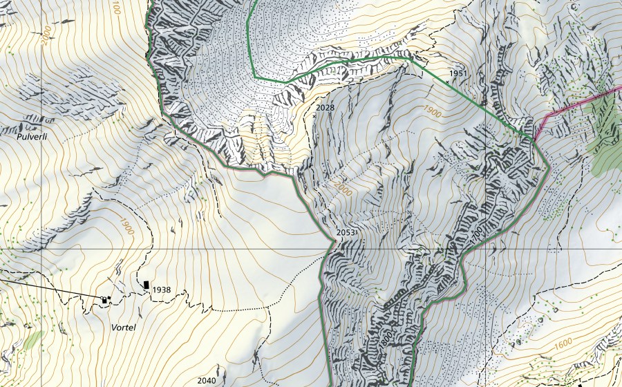 Carte nationale swisstopo avec le périmètre protégé de Chüeharnisch et Wanneli (Réserve naturelle)