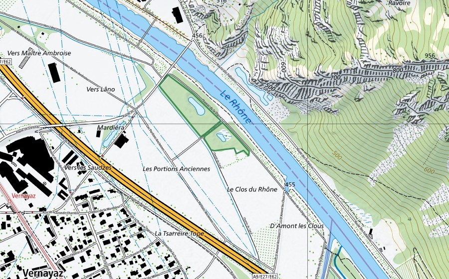 Landeskarte swisstopo mit dem Schutzperimeter von Clos du Rhône (Naturschutzgebiet)